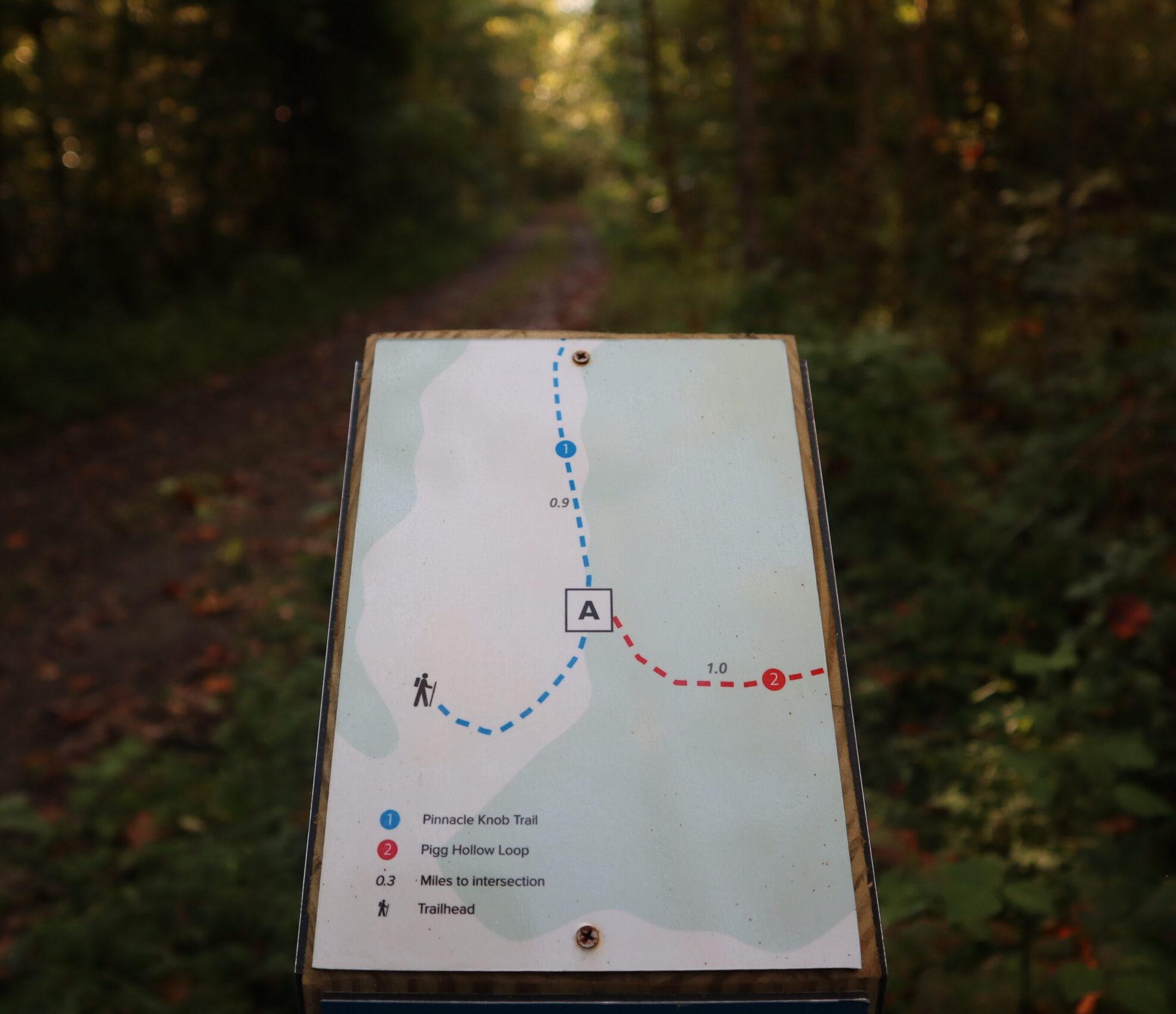 A map showing the new Pinnacles Knob Trail diverging from another trail is displayed atop a signpost by the trails.